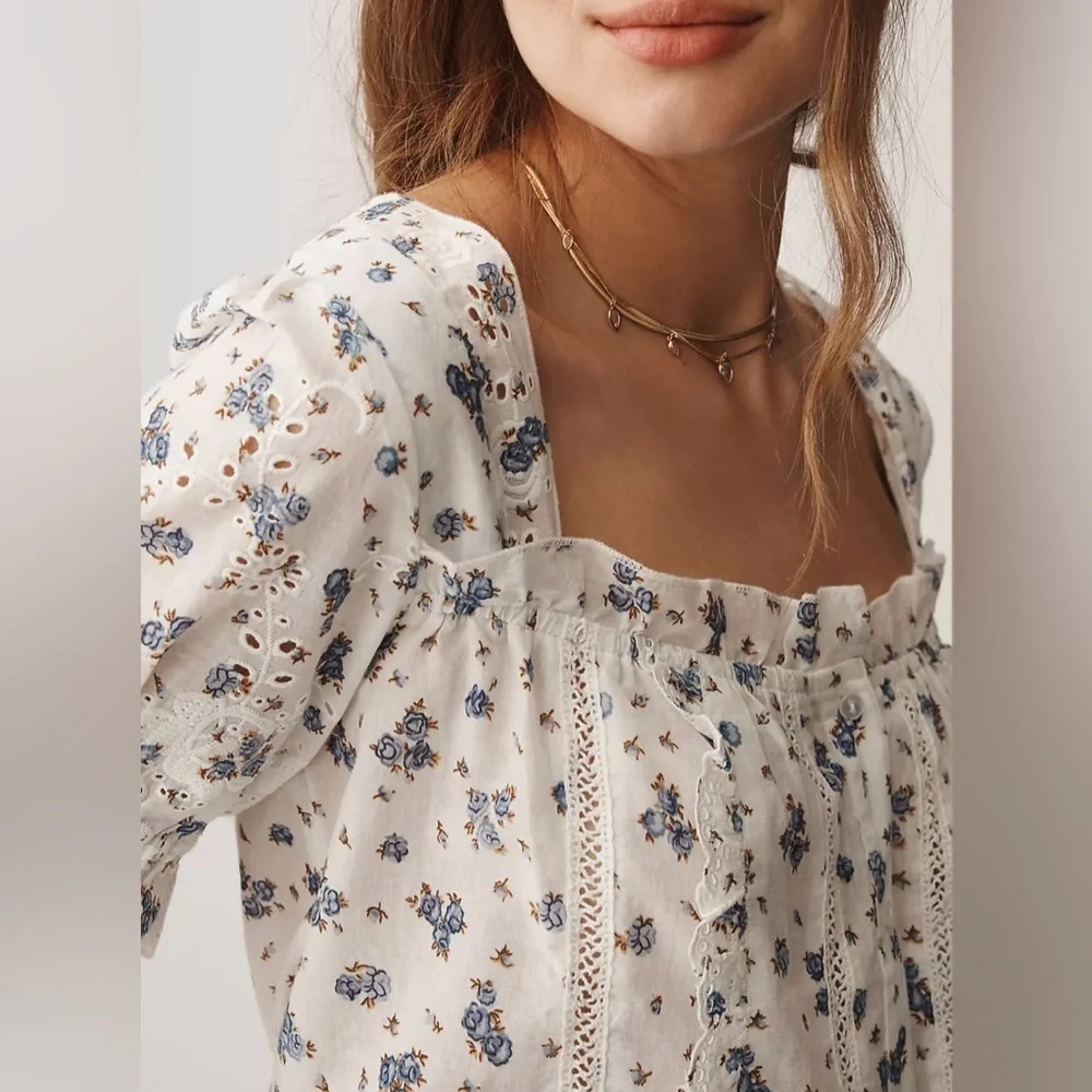 NWT By Anthropologie Puff-Sleeve Eyelet Top size LP Ivory Blue Floral Print Boho
